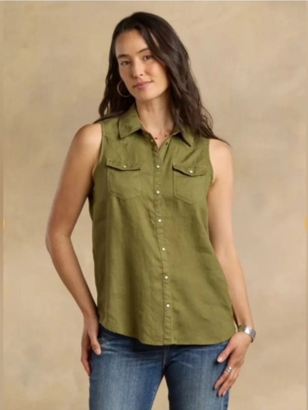 SUNDANCE Olive Linen Sleeveless Top Pearl Snap Buttons XL